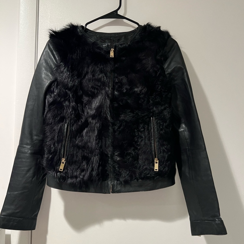 Zara Black Genuine Leather Jacket with Natural Fur